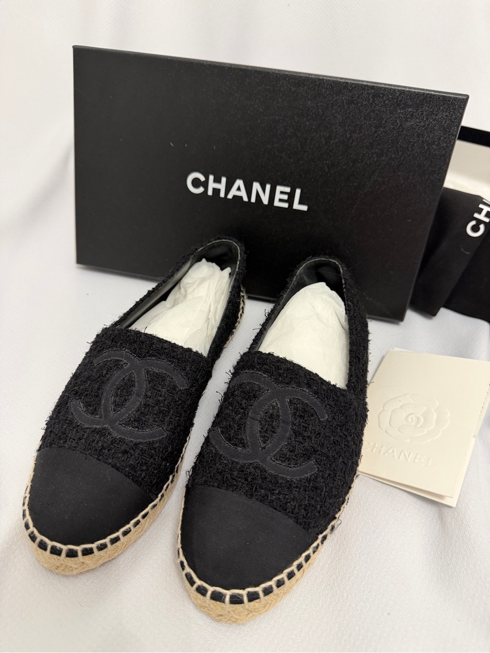 CHANEL Black Tweed & Canvas Espadrille Flats with CC Logo